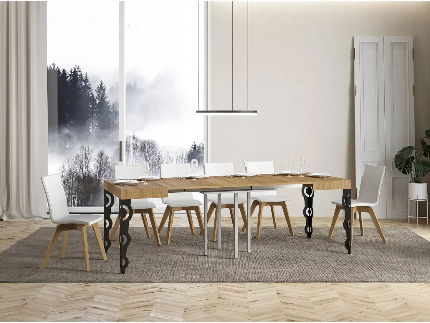 Mesa extensible 90/246x90 cm Karamay roble natural patas antracita