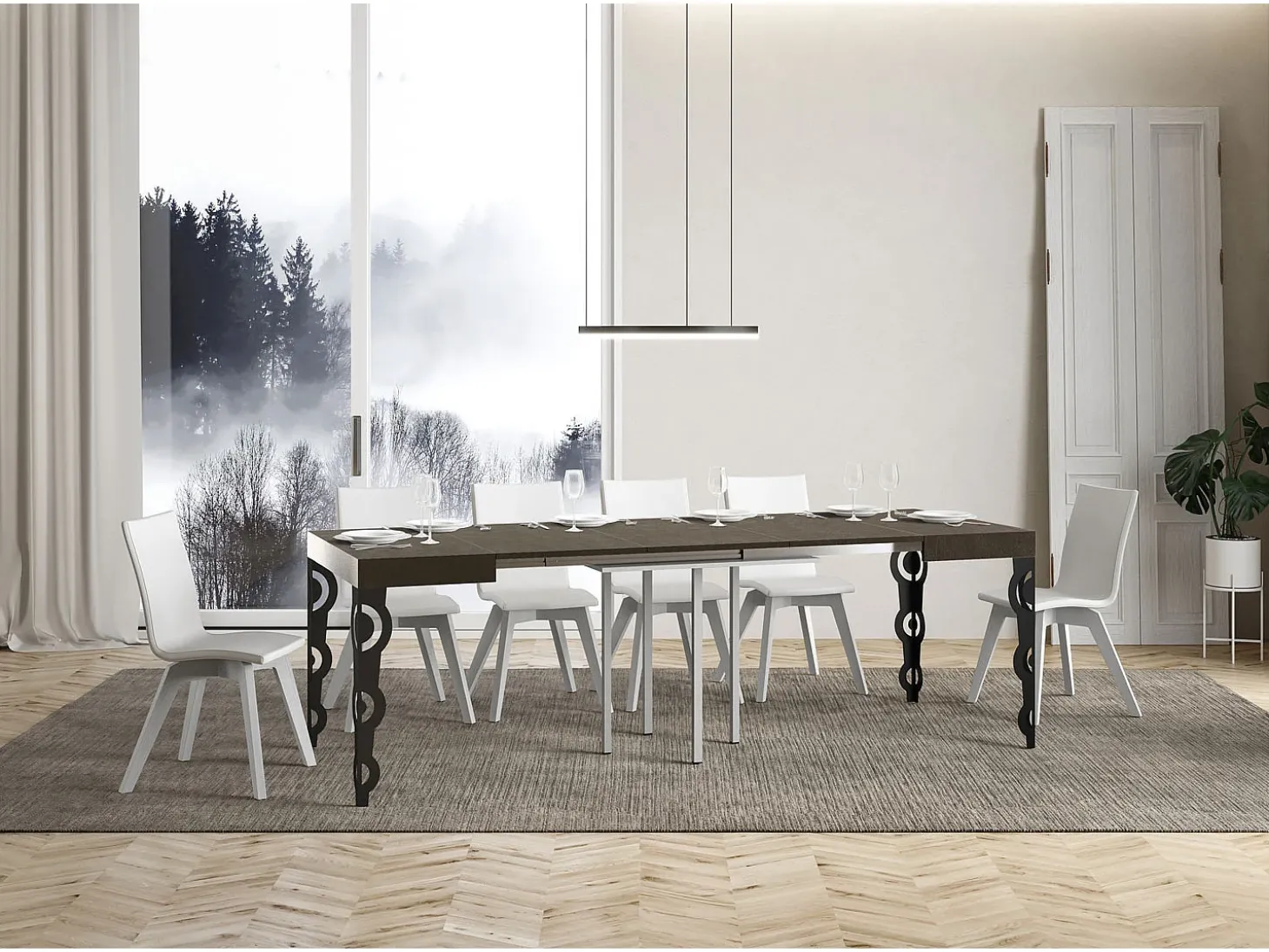 Mesa extensible 90/246x90 cm Karamay gris paloma patas antracita