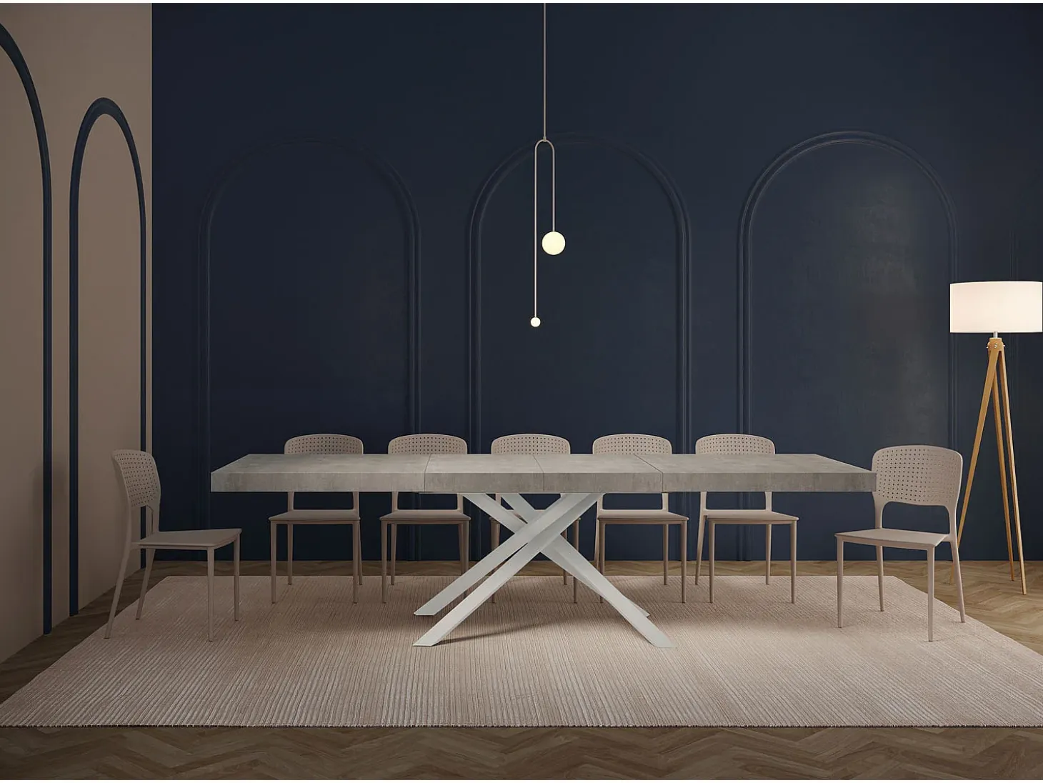 Mesa extensible 180/284x90 cm Karida Premium cemento patas blancas