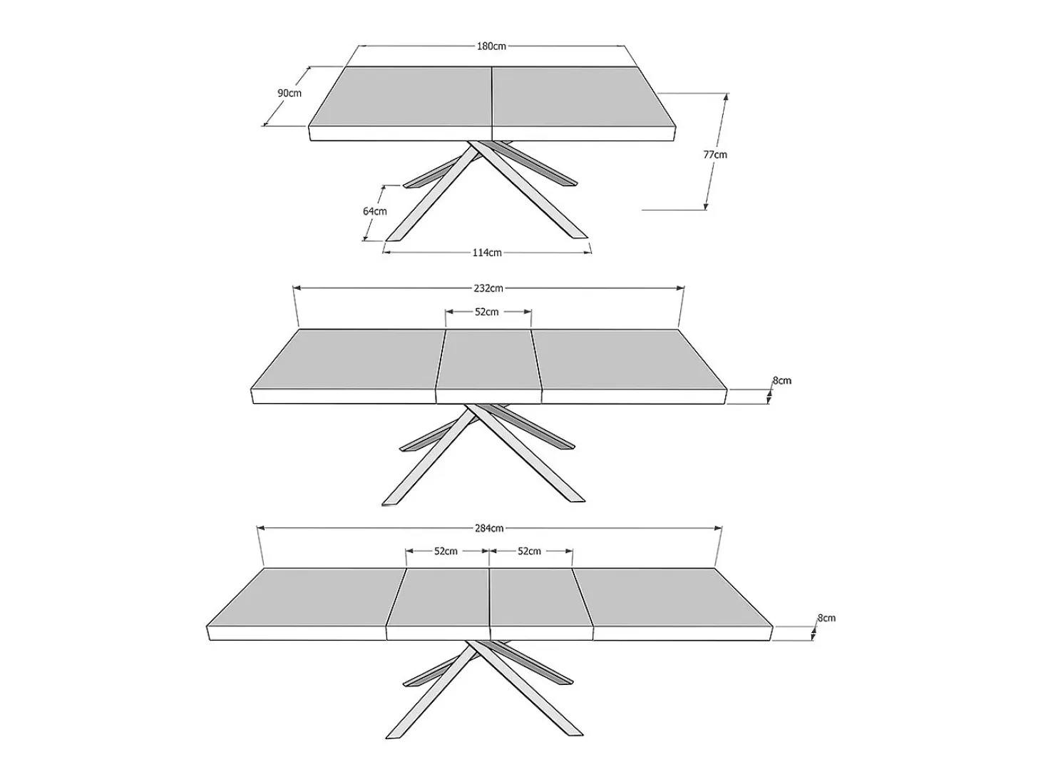 Mesa extensible 180/284x90 cm Karida Premium cemento patas blancas