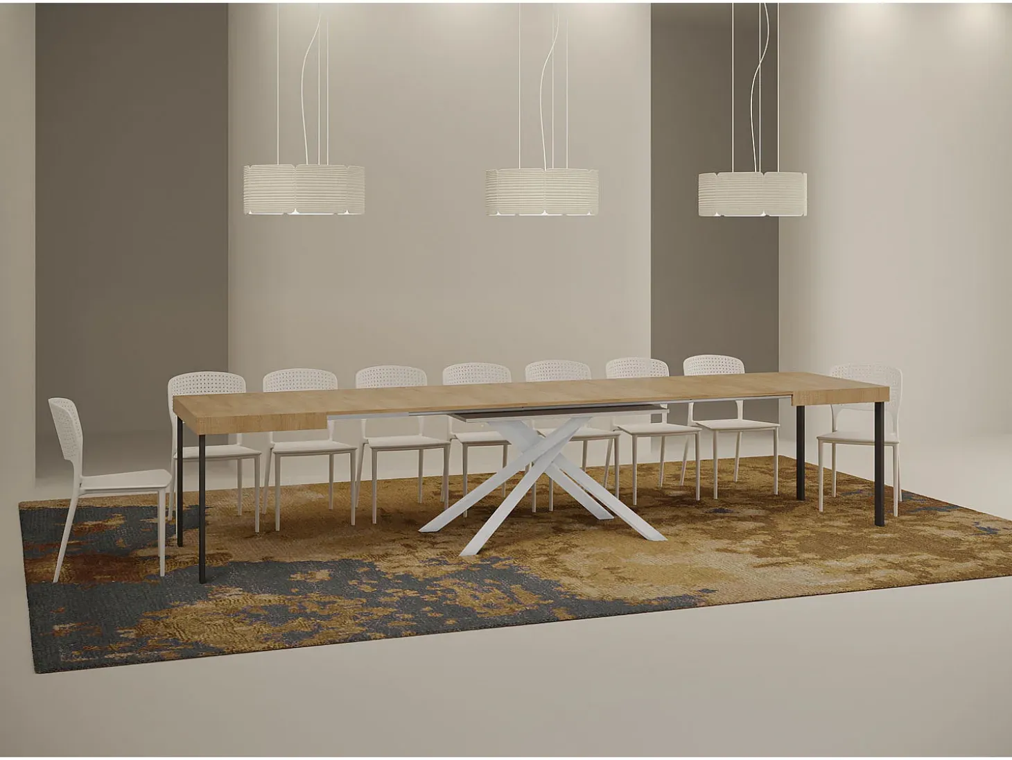 Mesa extensible 130/390x90 cm Karida roble natural patas blancas
