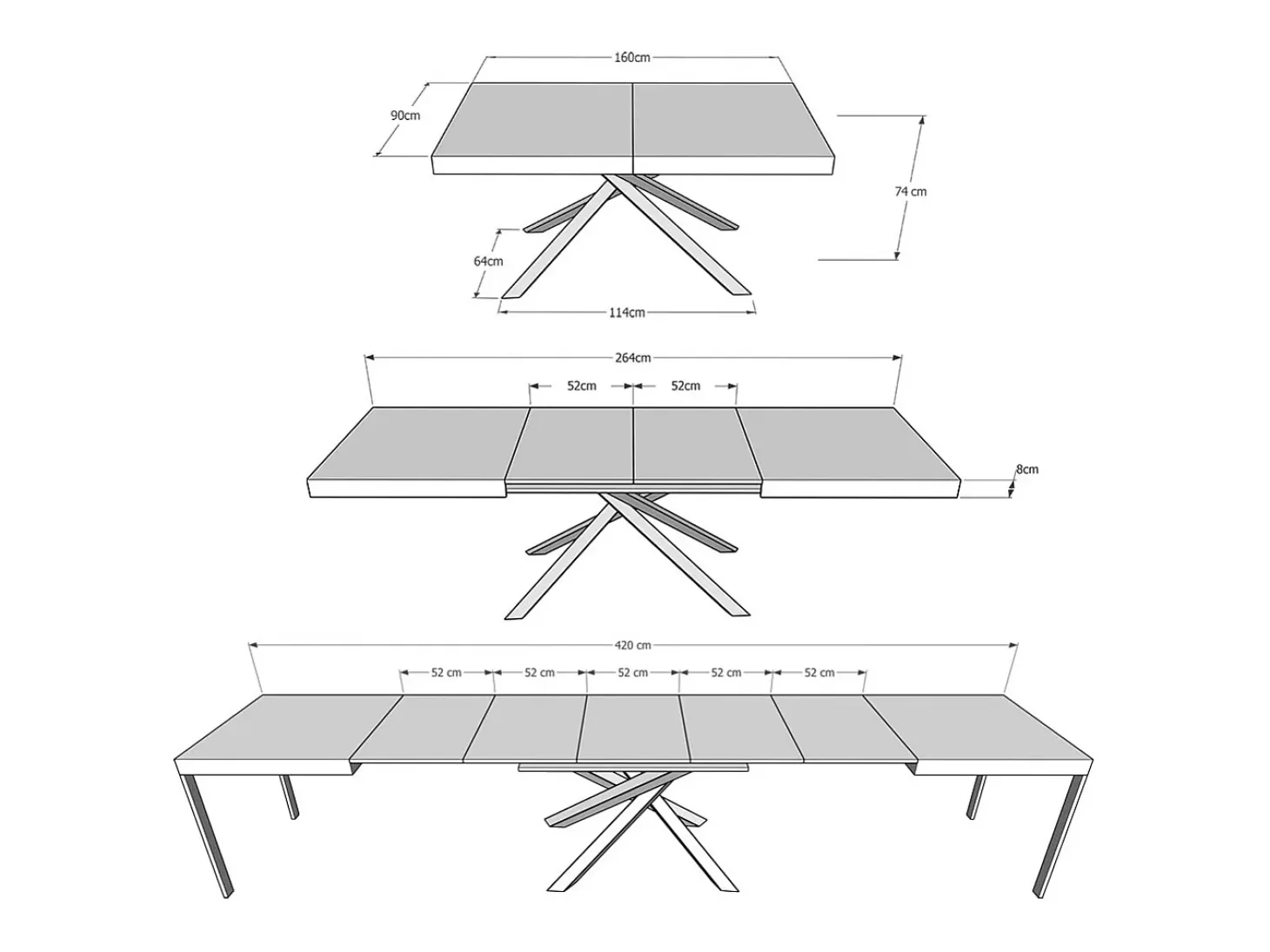 Mesa extensible 160/420X90 cm Karida gris paloma patas blancas