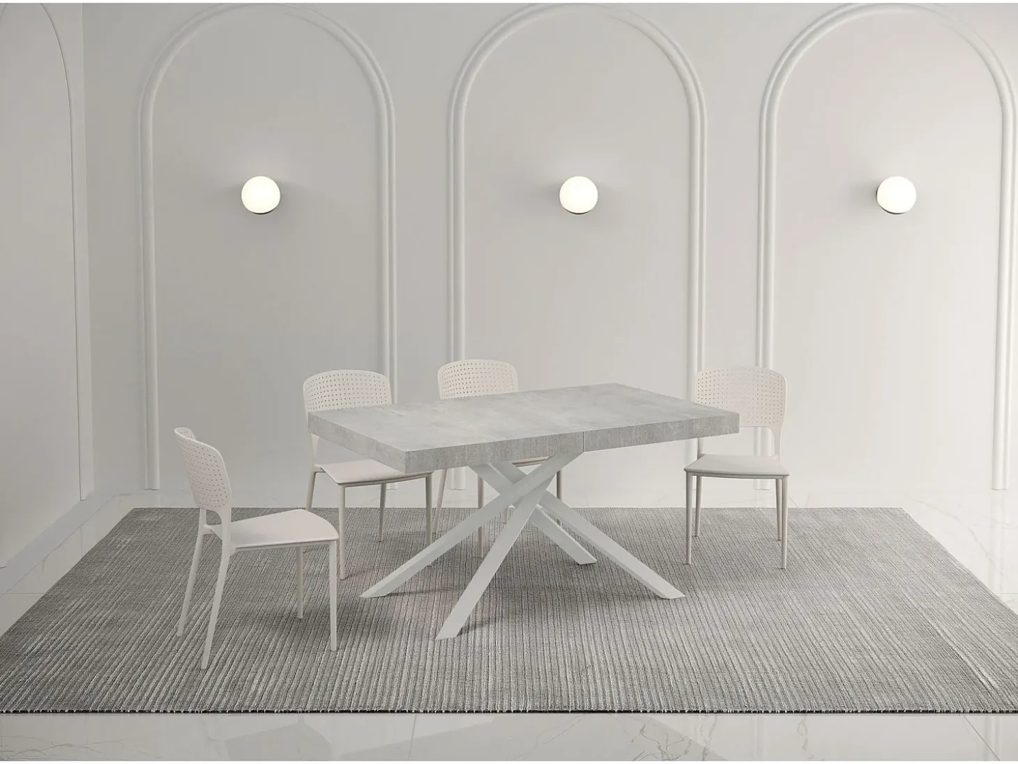 Mesa extensible 140/224x80 cm Karida cemento patas blancas