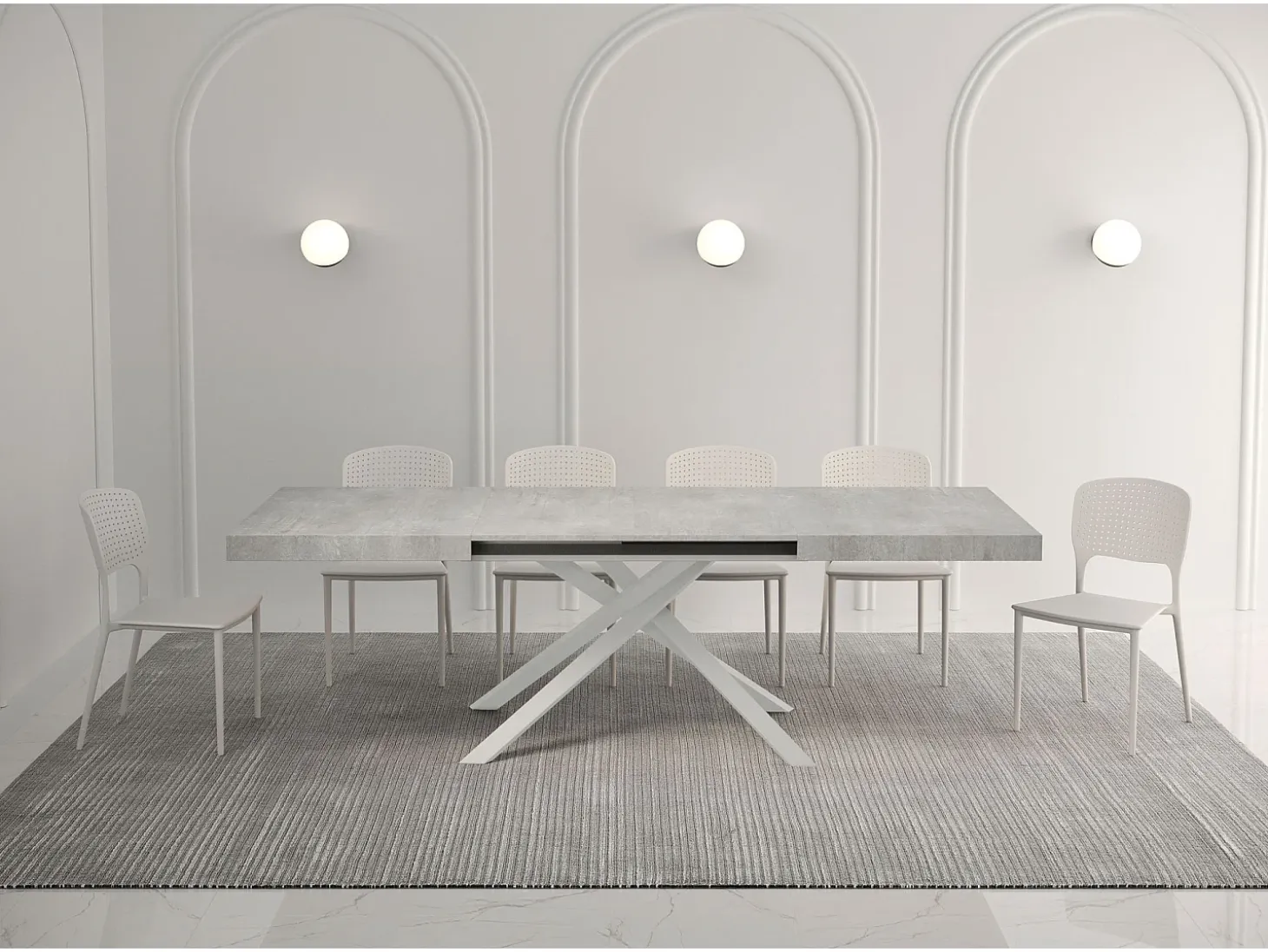 Mesa extensible 140/224x80 cm Karida cemento patas blancas