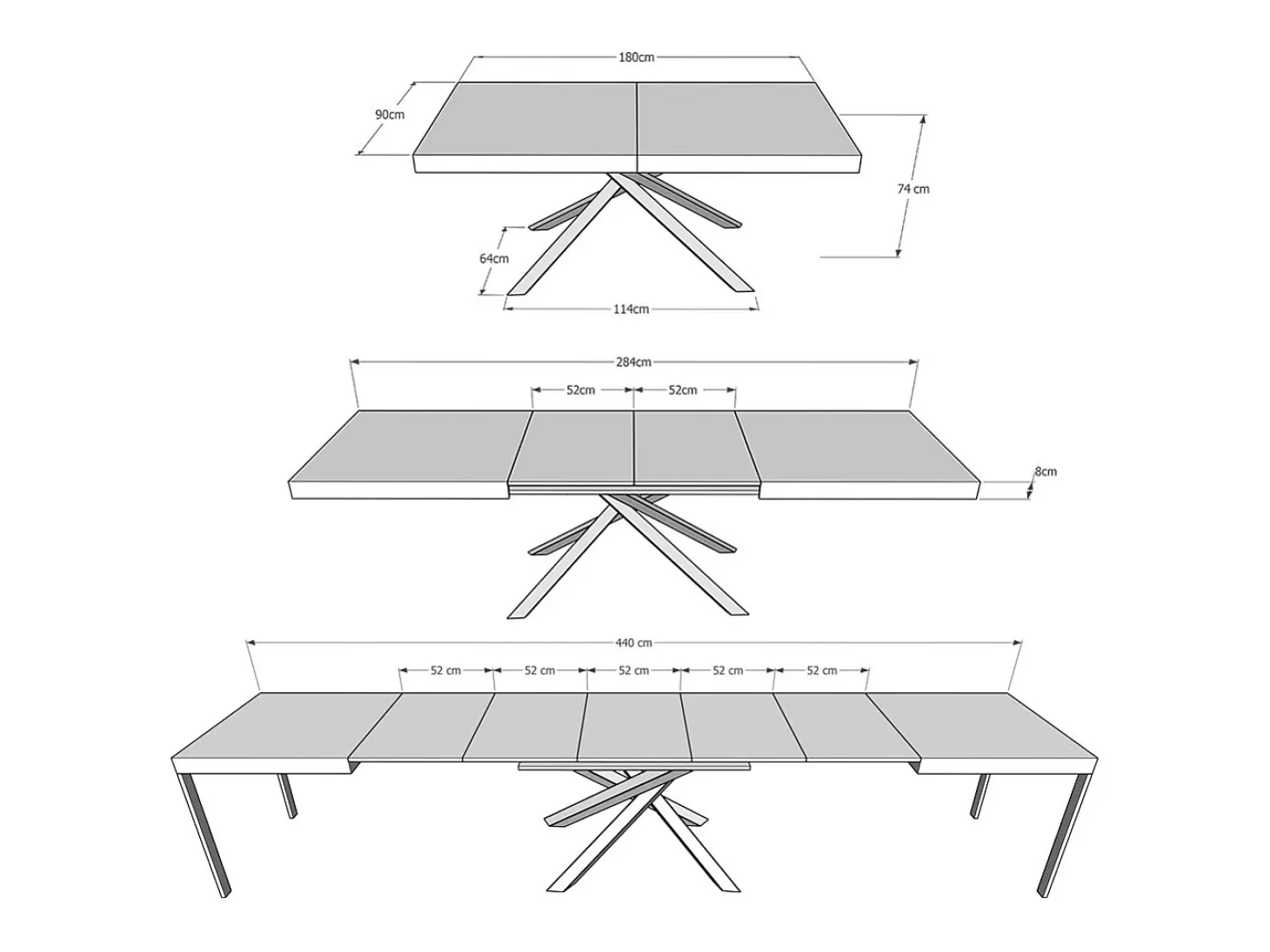 Mesa extensible 180/440x90 cm Karida Evolution cemento estructura et patas antracita