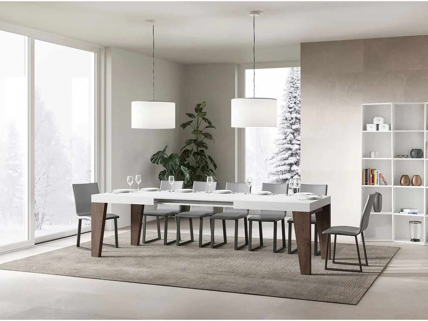 Mesa extensible 90x180/440 cm Naxy Mix Tapa fresno blanco - Patas nogal