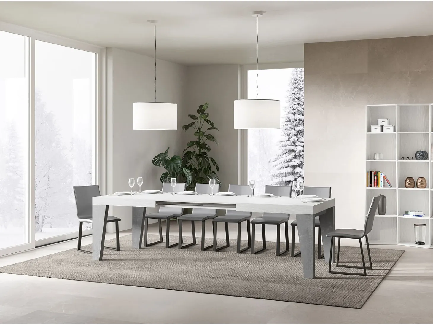 Mesa extensible 90x160/264 cm Naxy Mix Tapa fresno blanco - Patas cemento