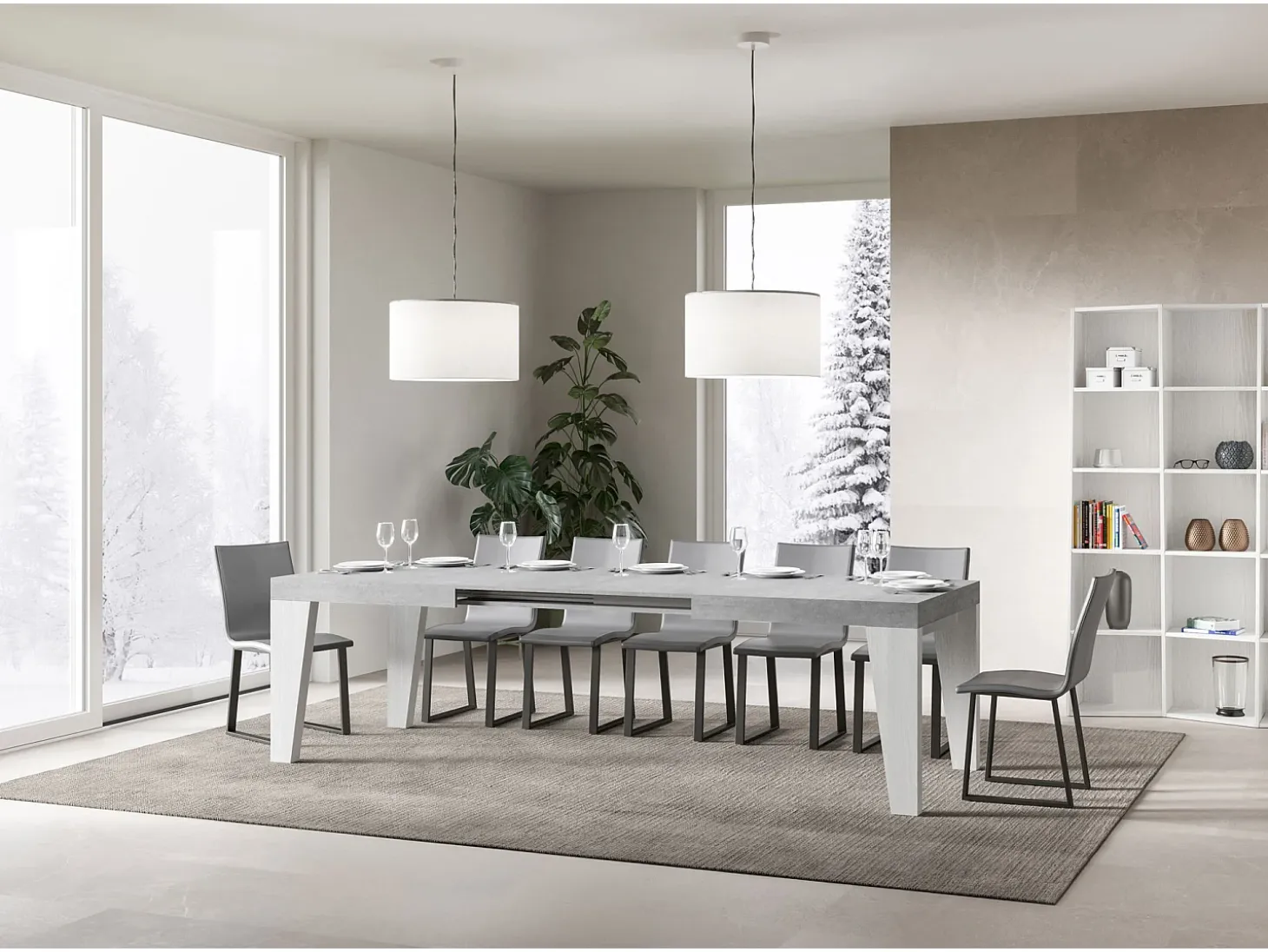 Mesa extensible 90x180/284 cm Naxy Mix Tapa Cemento - Patas Fresno Blanco