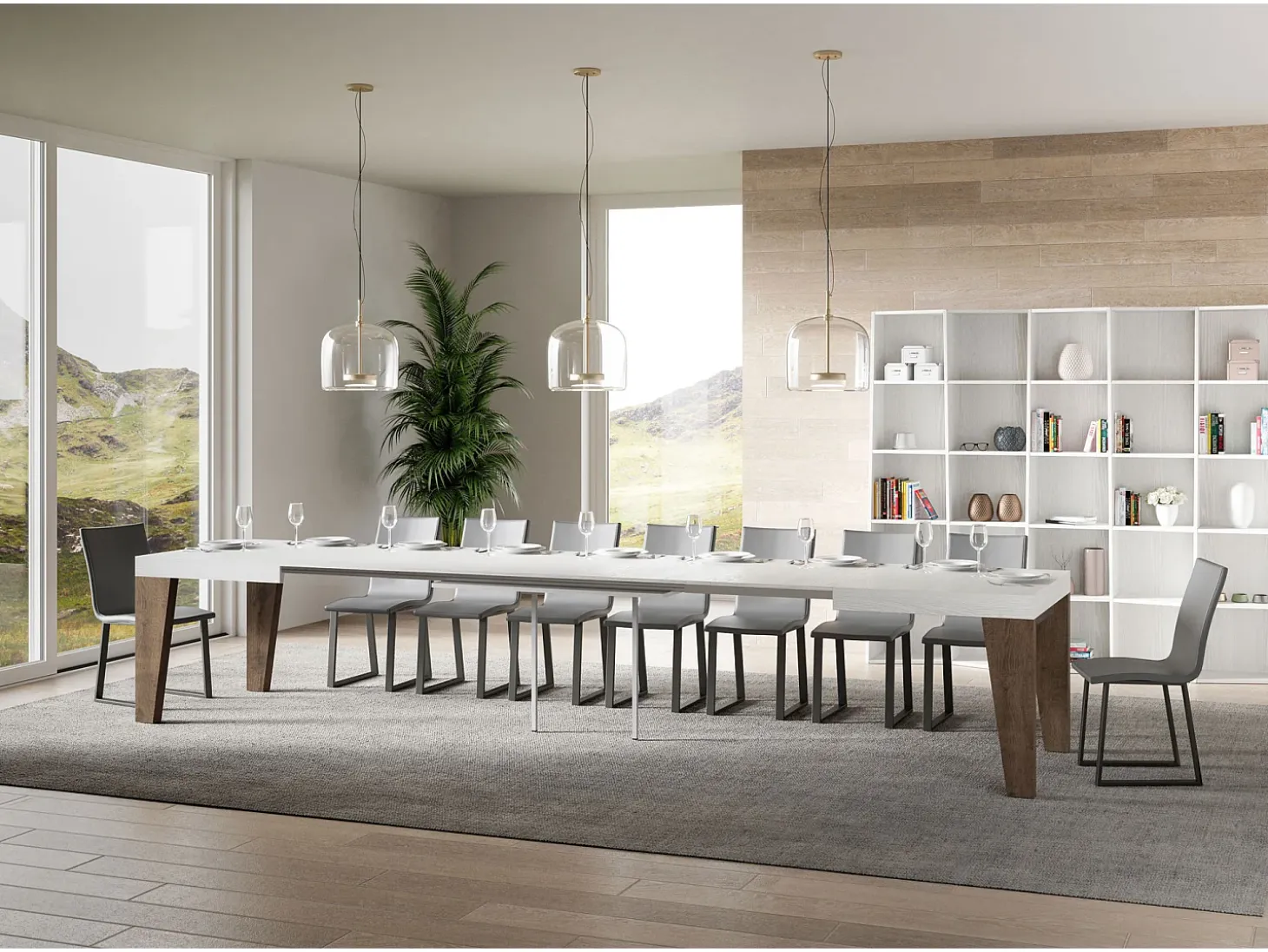 Mesa extensible 90x160/420 cm Naxy Mix Tapa fresno blanco - Patas nogal