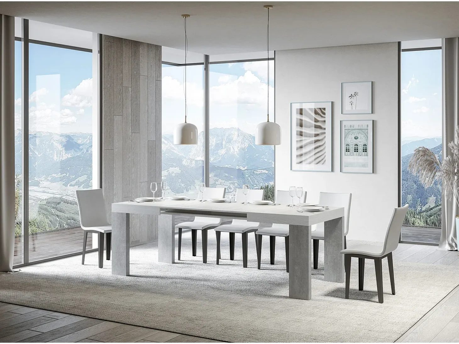Mesa extensible 90x130/234 cm Roxell Mix Tapa fresno blanco - Patas cemento