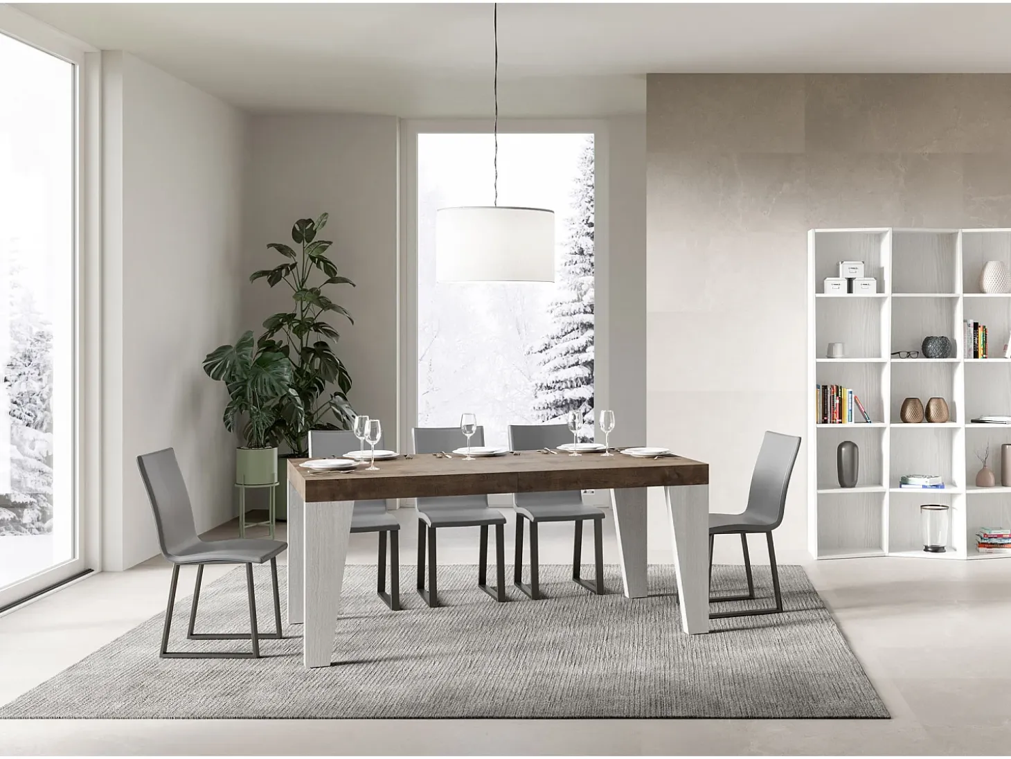 Mesa extensible 90x180/284 cm Tapa Naxy Mix Nogal - Patas Fresno Blanco