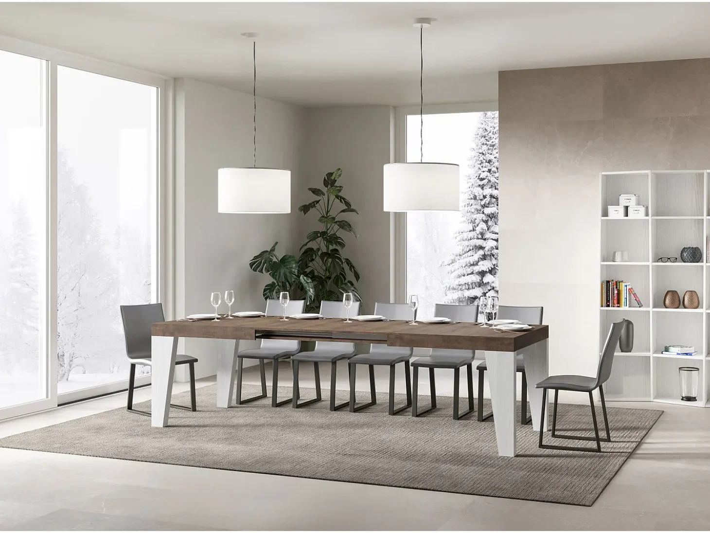 Mesa extensible 90x180/284 cm Tapa Naxy Mix Nogal - Patas Fresno Blanco
