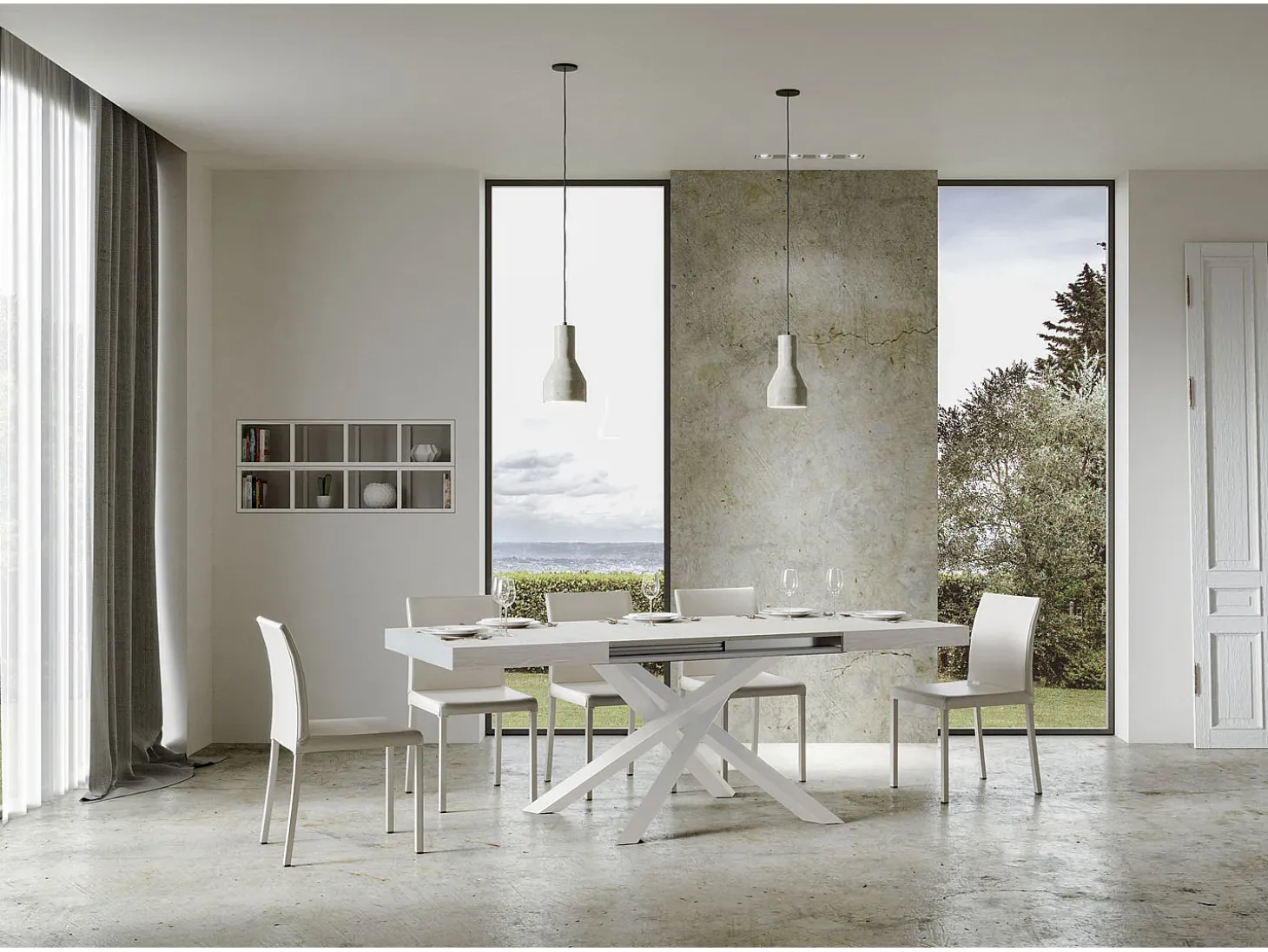 Mesa extensible 120/224x90 cm Volantis fresno blanco patas blancas