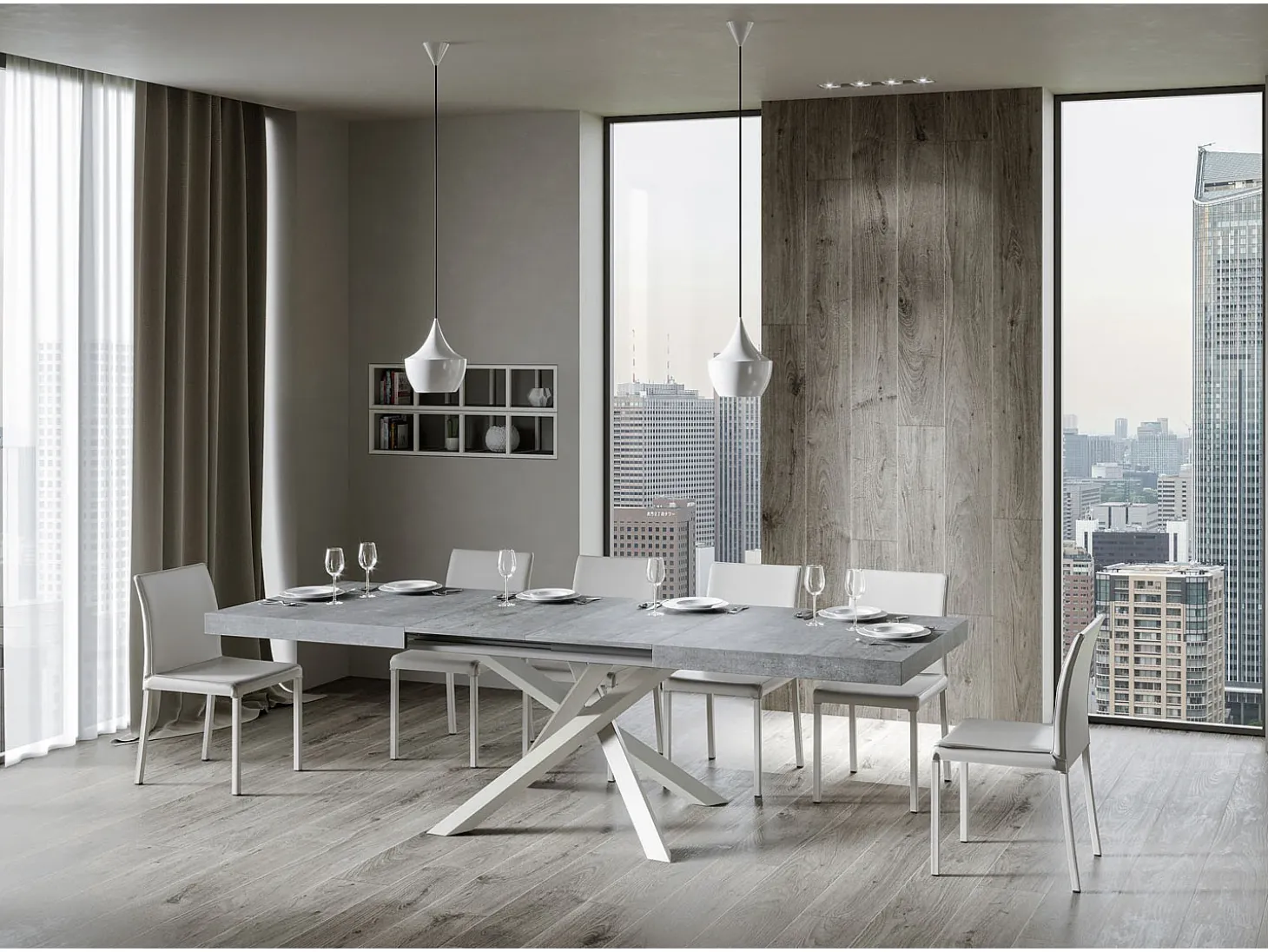 Mesa extensible 200/460x90 cm Volantis cemento patas blancas