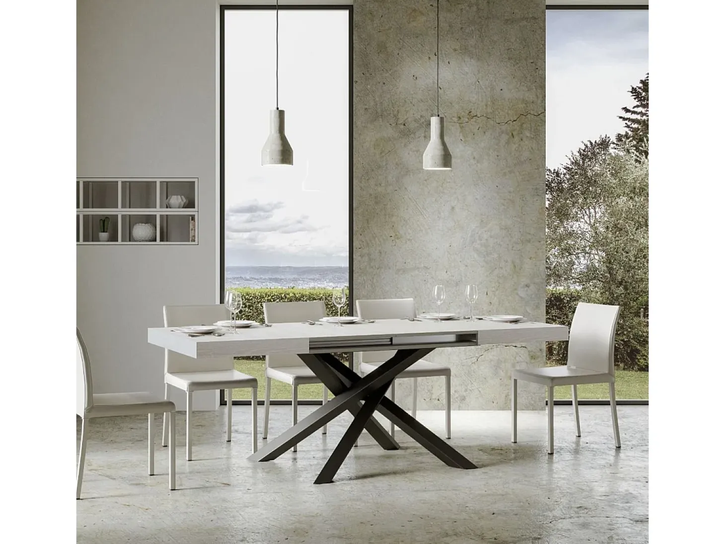 Mesa extensible 200/460x90 cm Volantis fresno blanco patas antracita
