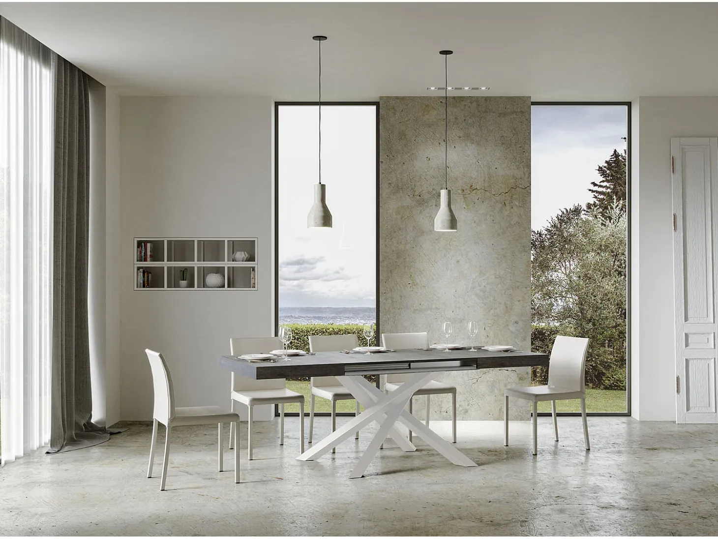Mesa extensible 130/390x90 cm Volantis cemento patas blancas