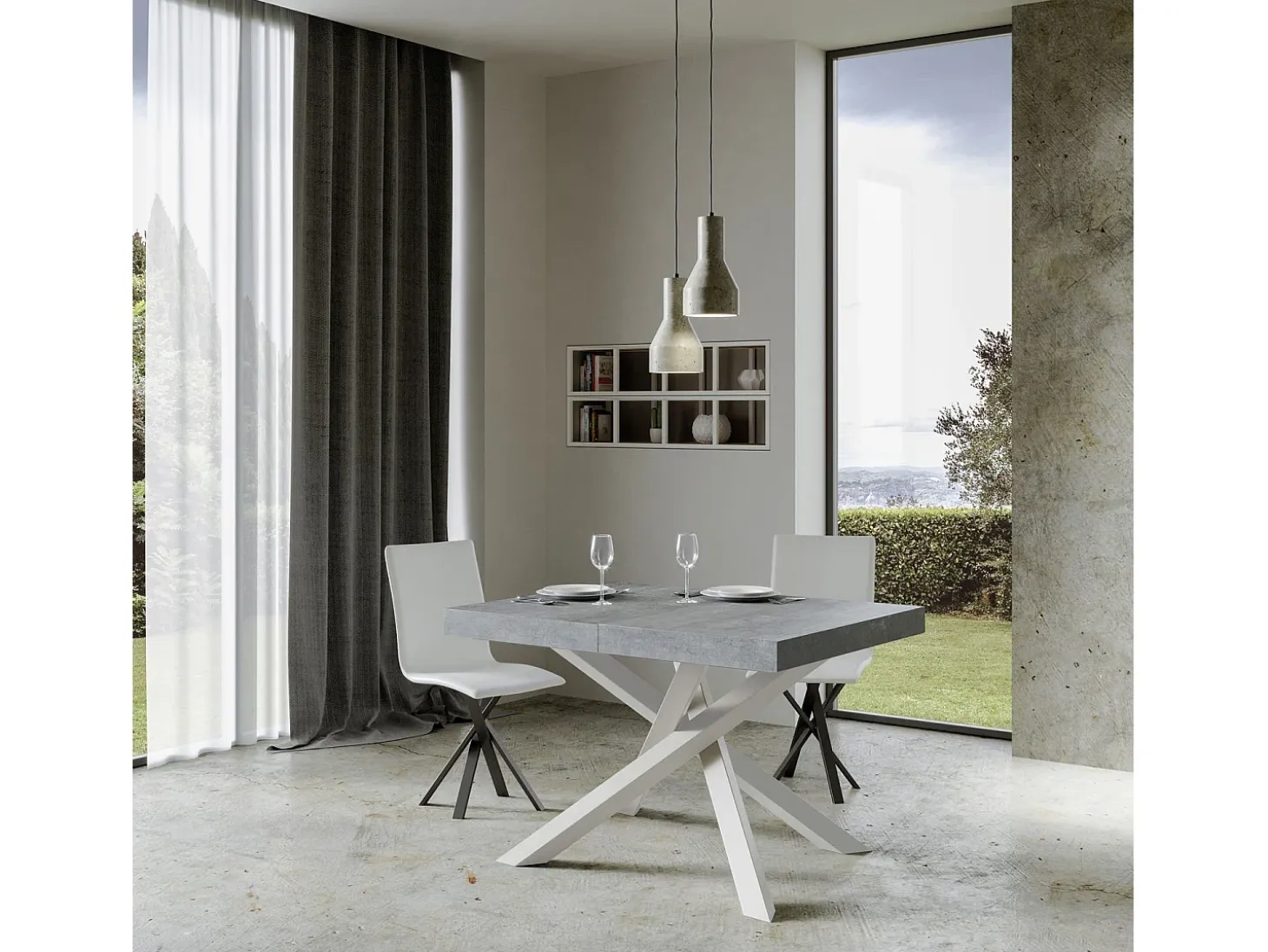 Mesa extensible 130/390x90 cm Volantis cemento patas blancas