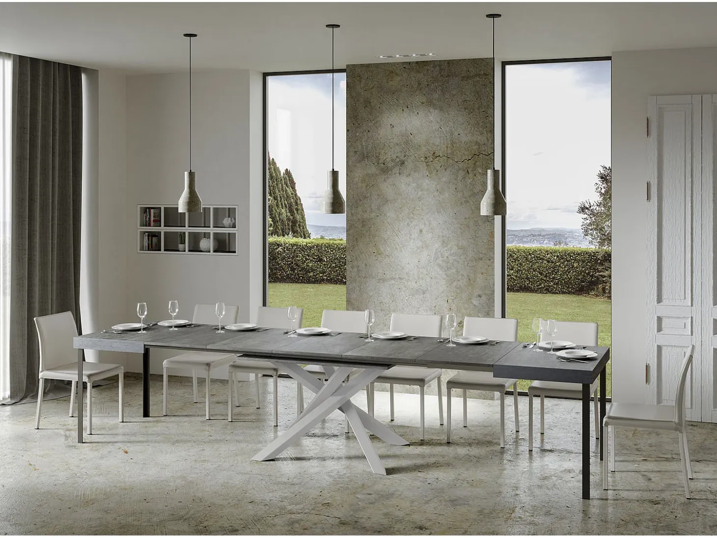 Mesa extensible 130/390x90 cm Volantis cemento patas blancas