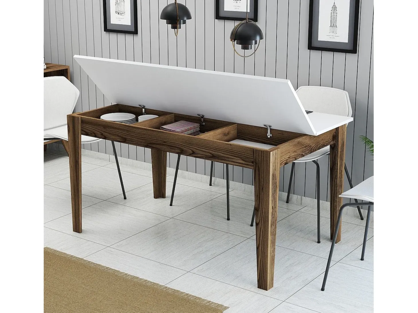 Mesa Kailua B100, Blanco|Nuez, 75x88x145cm, Aglomerado laminado