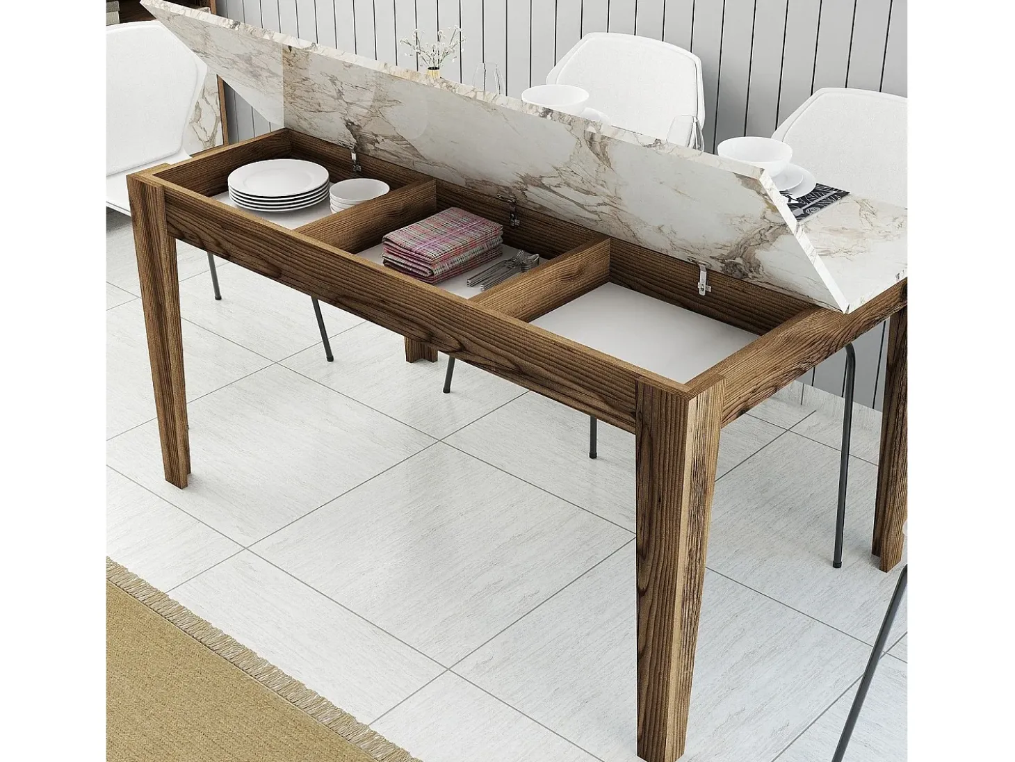 Mesa Kailua B100, Nuez|Mármol blanco, 75x88x145cm, Aglomerado laminado