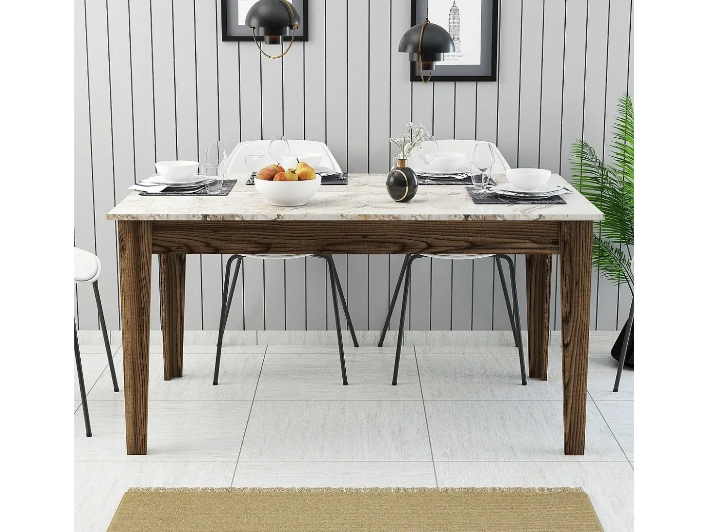 Mesa Kailua B100, Nuez|Mármol blanco, 75x88x145cm, Aglomerado laminado