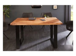 Mesa LODEN 140 cm – Tablero de madera maciza de sheesham barnizado – Patas en U de metal negro