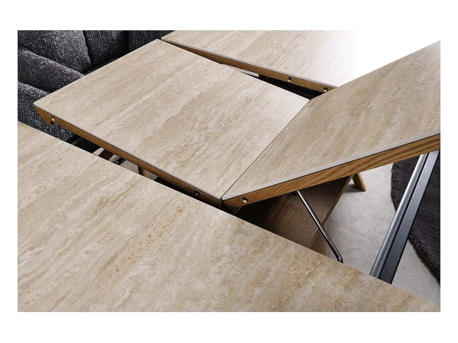 Mesa LUMEA extensible 160–200 cm – Mesa contemporánea de cerámica con aspecto de travertino y roble