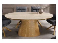Mesa LUMEA extensible 160–200 cm – Mesa contemporánea de cerámica con aspecto de travertino y roble