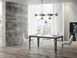 Mesa oriental extensible rectangular para 6 a 20 personas L 160 a 420 cm efecto mármol blanco y estructura de metal antracita Zakary