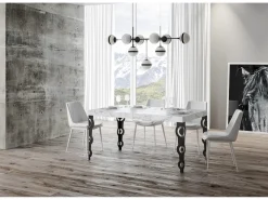 Mesa oriental extensible rectangular para 6 a 10 personas L 160 a 264 cm efecto mármol blanco y patas de metal antracita Kazay