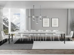 Mesa oriental rectangular extensible para 6 a 20 personas L 160 a 420 cm blanco brillo y ...
