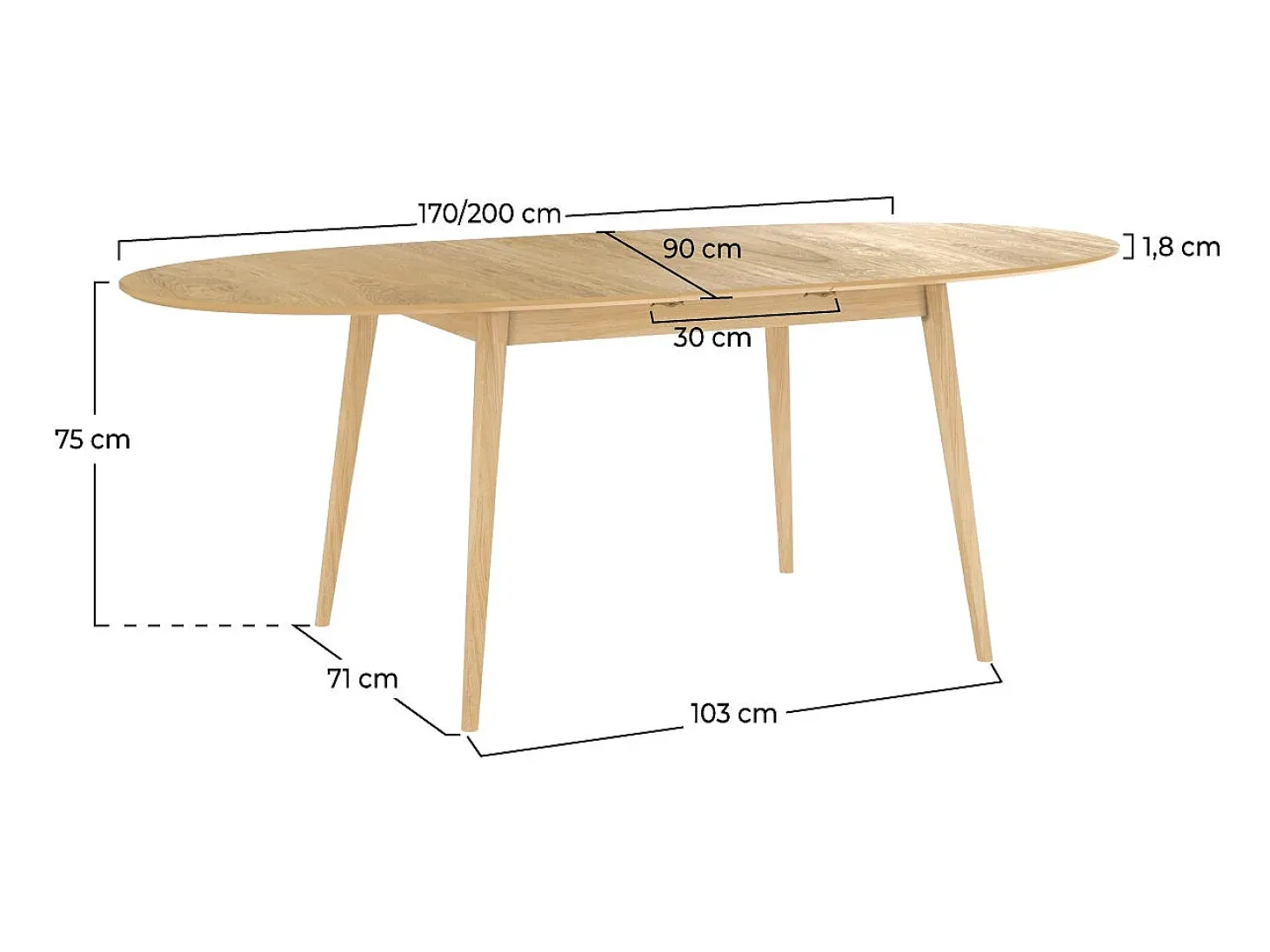 Mesa ovalada extensible de 6/8 personas en madera clara de 170/200 cm - Eddy