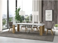 Mesa pequeña cuadrada extensible blanca y madera clara 90 a 246 cm Ribo