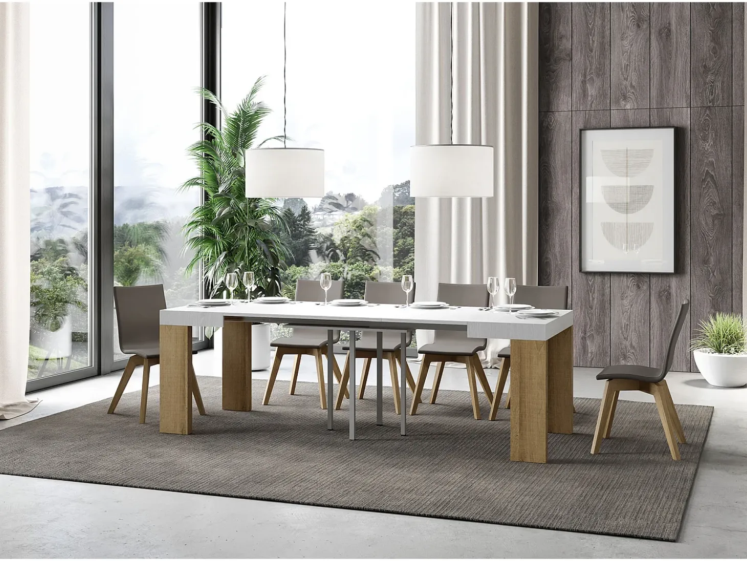 Mesa pequeña cuadrada extensible blanca y madera clara 90 a 246 cm Ribo