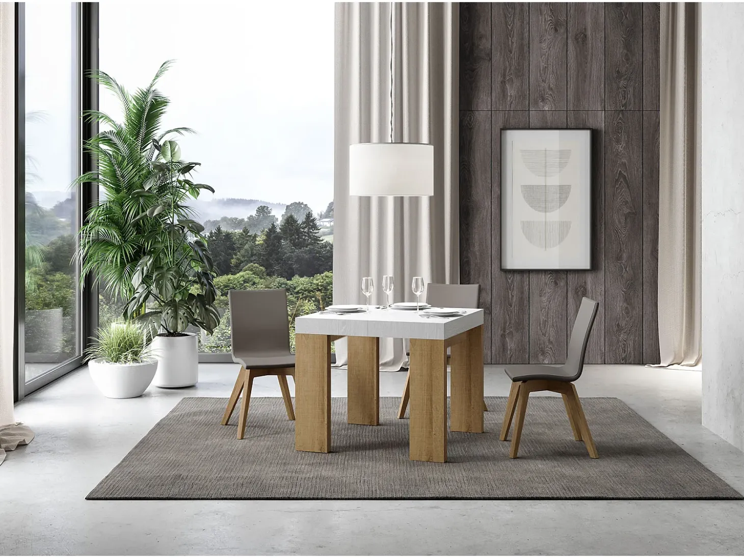 Mesa pequeña cuadrada extensible blanca y madera clara 90 a 246 cm Ribo