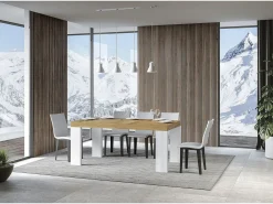 Mesa rectangular extensible madera blanca y natural 160 a 420 cm Ribo-Soporte 4 pies
