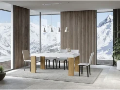 Mesa rectangular extensible blanca y madera clara 180 a 440 cm Ribo-Soporte 4 pies