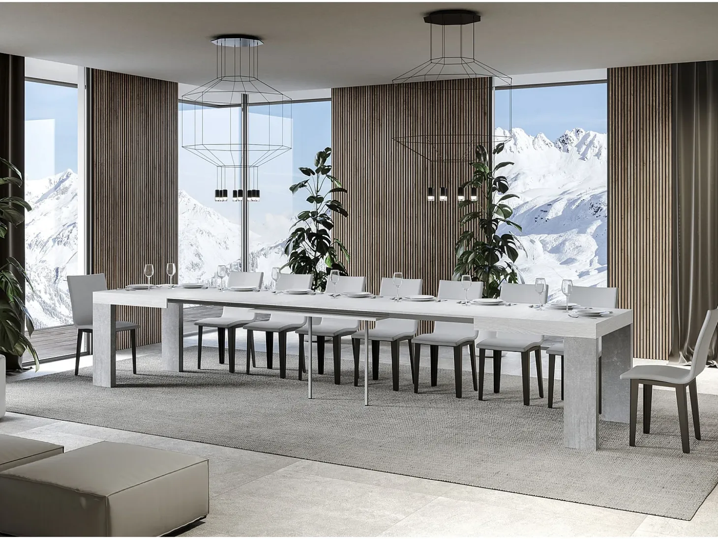 Mesa rectangular extensible blanca y gris cemento 160 a 420 cm Ribo-Soporte 2 pies