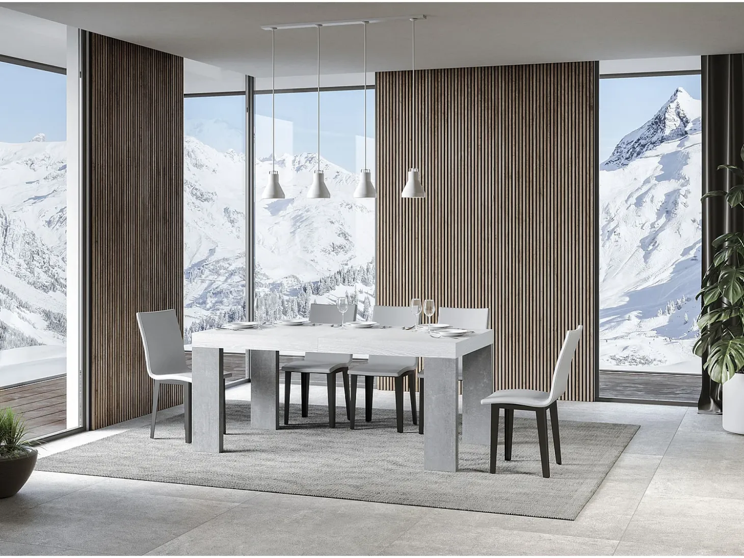 Mesa rectangular extensible blanca y gris cemento 160 a 420 cm Ribo-Soporte 2 pies