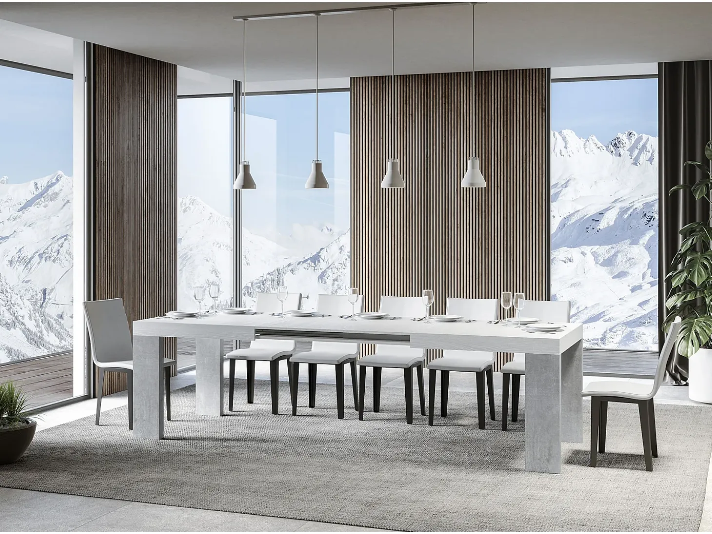 Mesa rectangular extensible blanca y gris cemento 160 a 420 cm Ribo-Soporte 2 pies