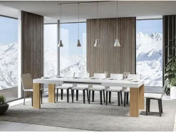 Mesa rectangular extensible blanca y madera clara 180 a 440 cm Ribo-Base y soporte con ruedas