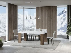 Mesa rectangular extensible madera blanca y nogal 180 a 440 cm Ribo-Soporte 4 pies