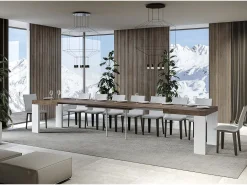 Mesa rectangular extensible madera blanca y nogal 180 a 440 cm Ribo-Soporte 4 pies