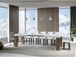 Mesa rectangular extensible madera blanca y nogal 180 a 440 cm Ribo-Soporte 4 pies