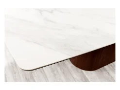 Mesa rectangular LUMEA – 200 cm – Tablero cerámico efecto mármol blanco y pie en madera oscura – Estilo contemporáneo