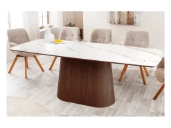 Mesa rectangular LUMEA – 200 cm – Tablero cerámico efecto mármol blanco y pie en madera oscura – Estilo contemporáneo