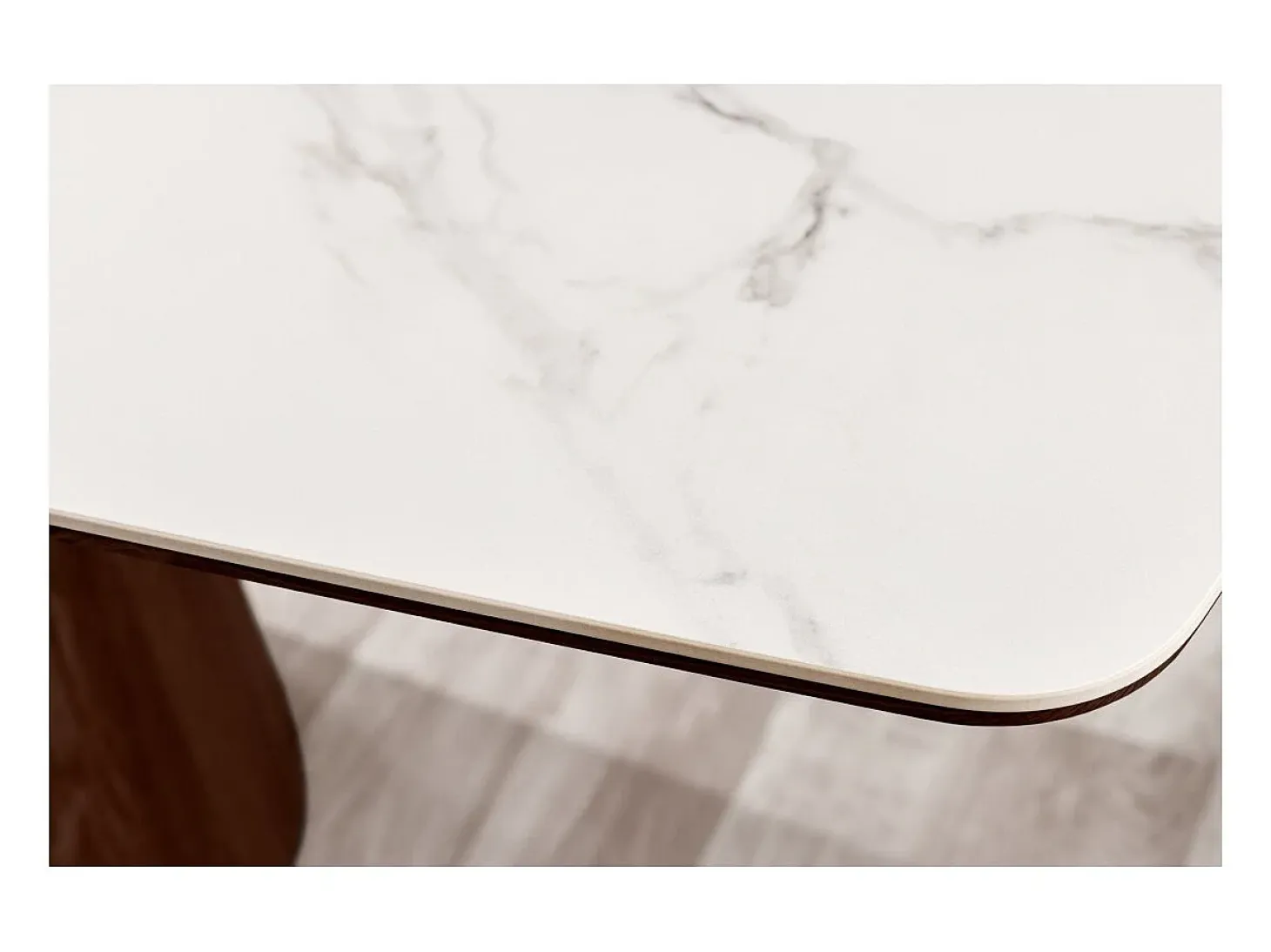 Mesa rectangular LUMEA – 200 cm – Tablero cerámico efecto mármol blanco y pie en madera oscura – Estilo contemporáneo