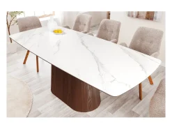 Mesa rectangular LUMEA – 200 cm – Tablero cerámico efecto mármol blanco y pie en madera oscura – Estilo contemporáneo