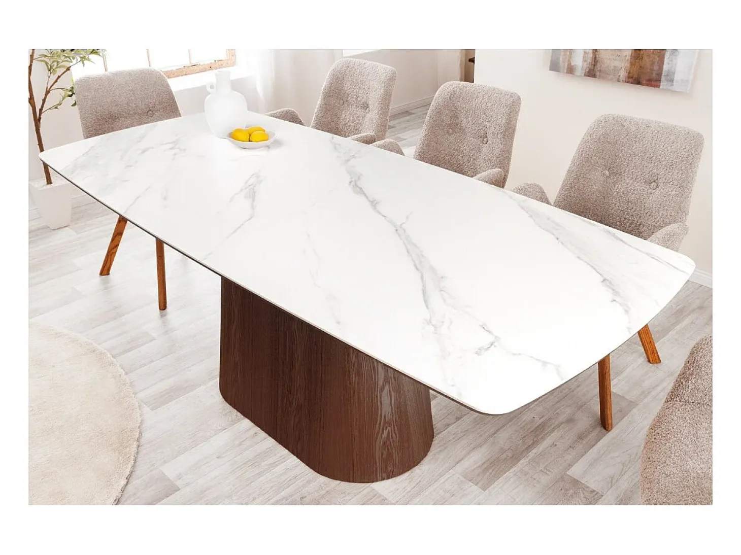 Mesa rectangular LUMEA – 200 cm – Tablero cerámico efecto mármol blanco y pie en madera oscura – Estilo contemporáneo
