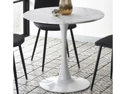 Mesa redonda blanca de 80 cm con tablero imitación mármol y base de metal DANU